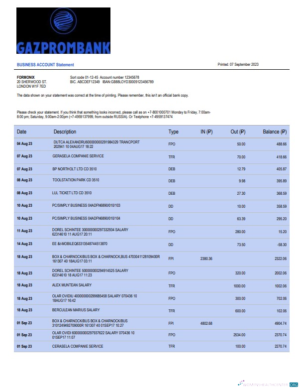 Download Gazprombank firm account statement Word and PDF template Photoshop template